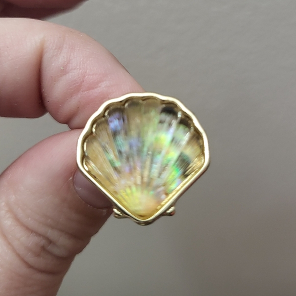 Napier Jewelry - Vintage Napier Seashell Earrings Iridescent Lucite Gold Pierced 1980s